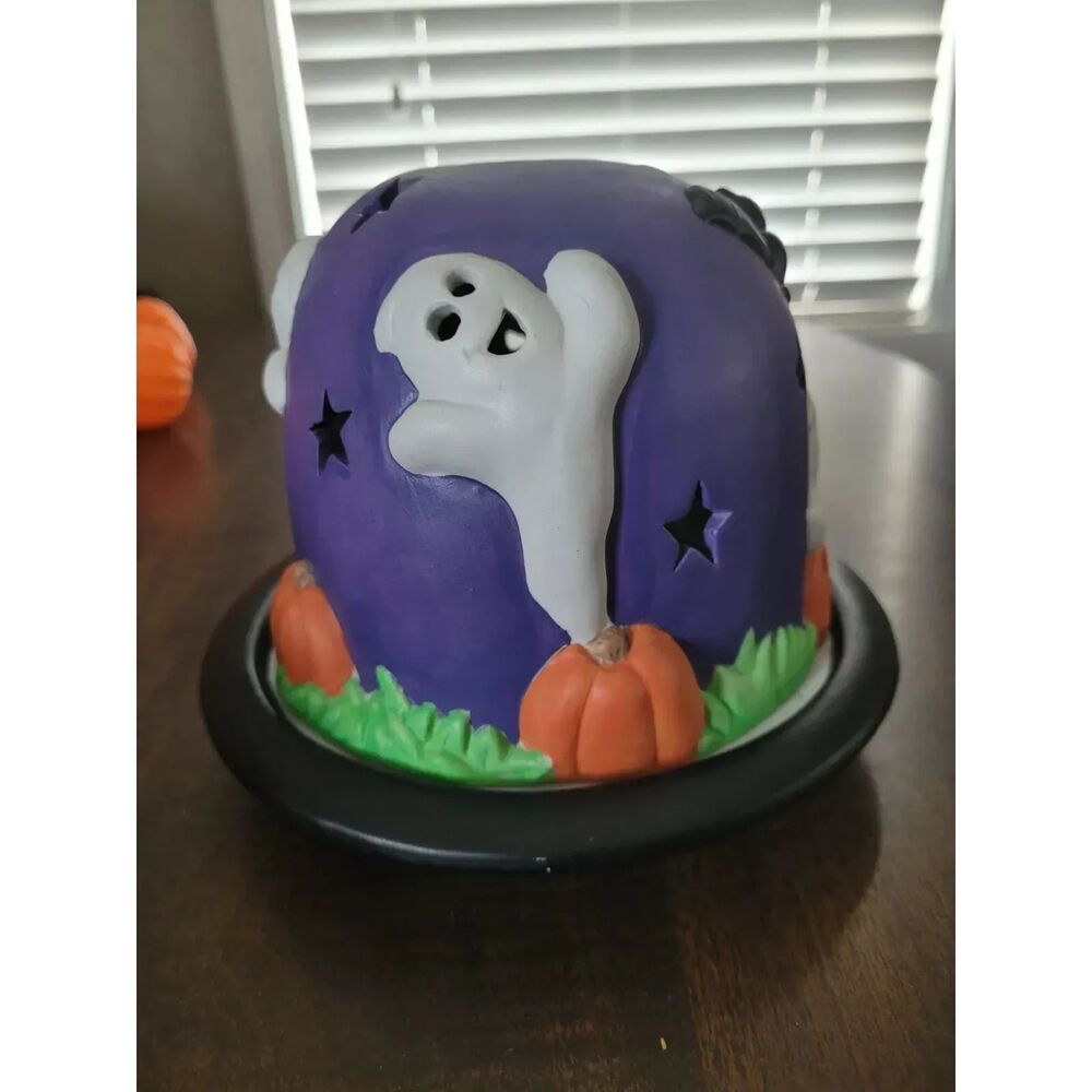 Spooky Hollow Dome Halloween Ghosts/Pumpkins/Bat Ceramic Candle Holder